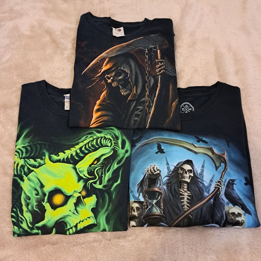 Lot of 3 Grim Reaper & Skull Graphic T-Shirts Mens S Black Gothic Airbrush Style